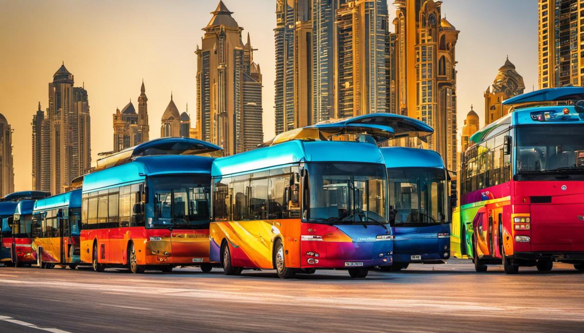 A colorful image showing a group of buses in Dubai.
