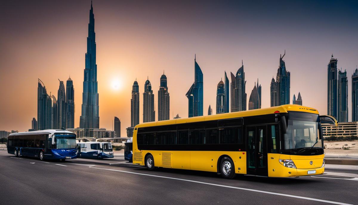 Image description: A group of 50-seater buses parked in front of a modern Dubai skyline.