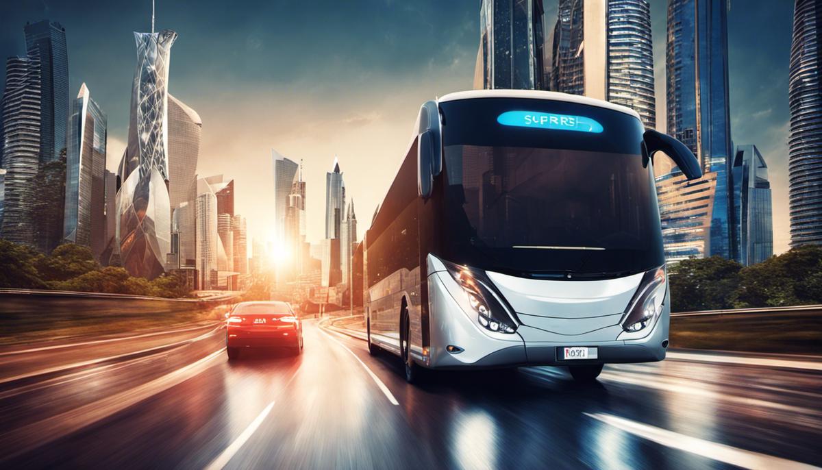 A futuristic cityscape with a bus rental company logo superimposed.