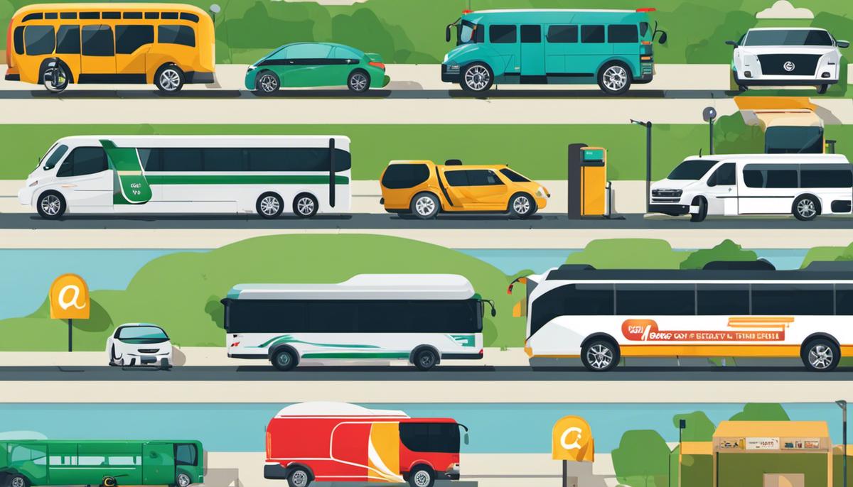 Image description: A visual representation of the bus rental market showcasing various aspects of the industry such as digital platforms, on-demand services, and green initiatives.