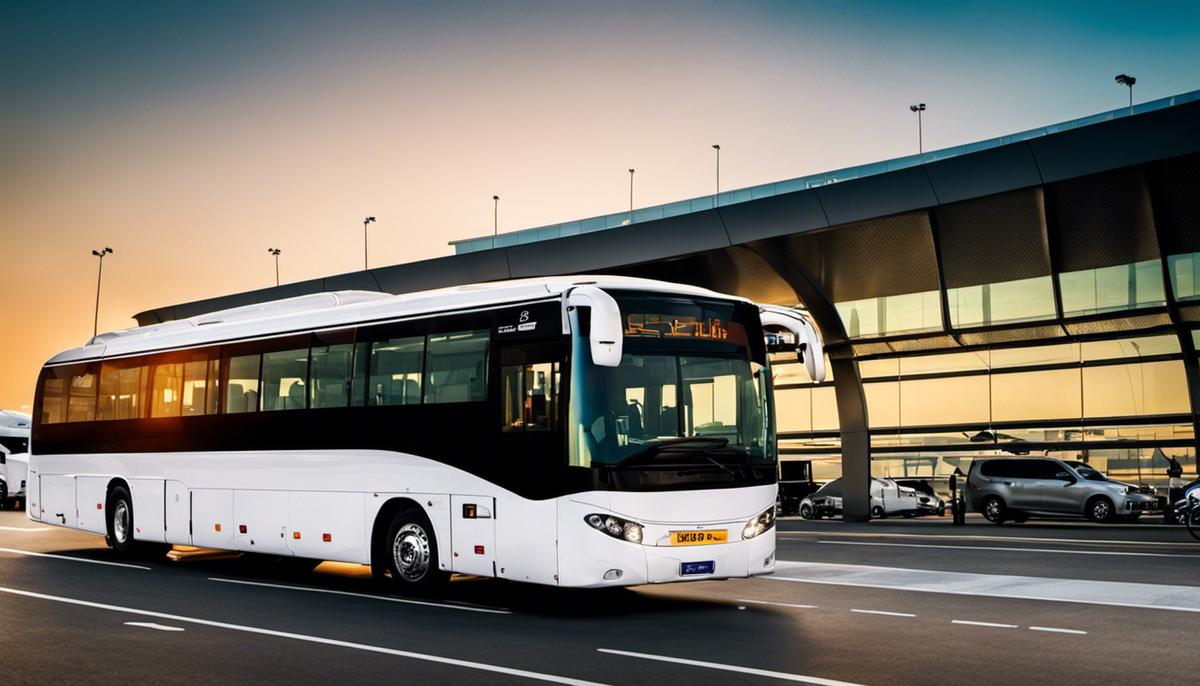 A picture of a bus parked at Dubai Airport, illustrating the bus rental service potential at the bustling airport.