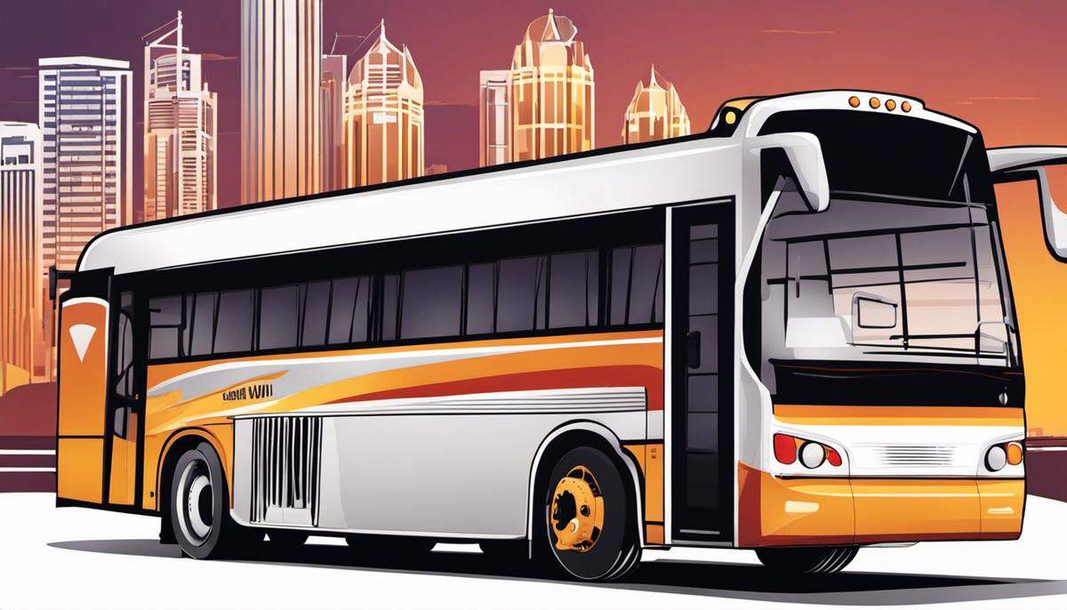 Illustration of a bus with necessary permits and safety features, symbolizing legal and regulatory considerations for a bus rental service in Dubai.