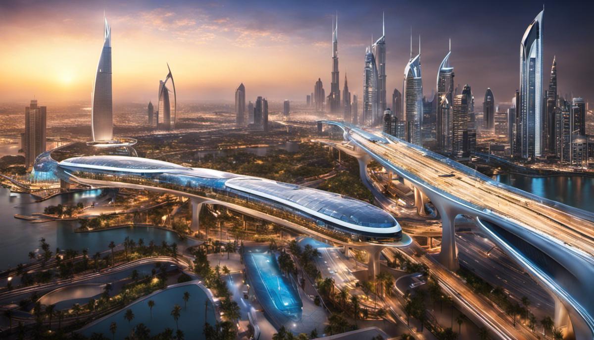 Image description: A futuristic cityscape with high-tech transportation vehicles and smart infrastructure, representing the disruptive innovations in the Dubai rental bus industry.