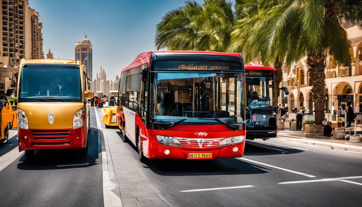 A busy city with modern buses representing the vibrant and competitive bus rental market in Dubai