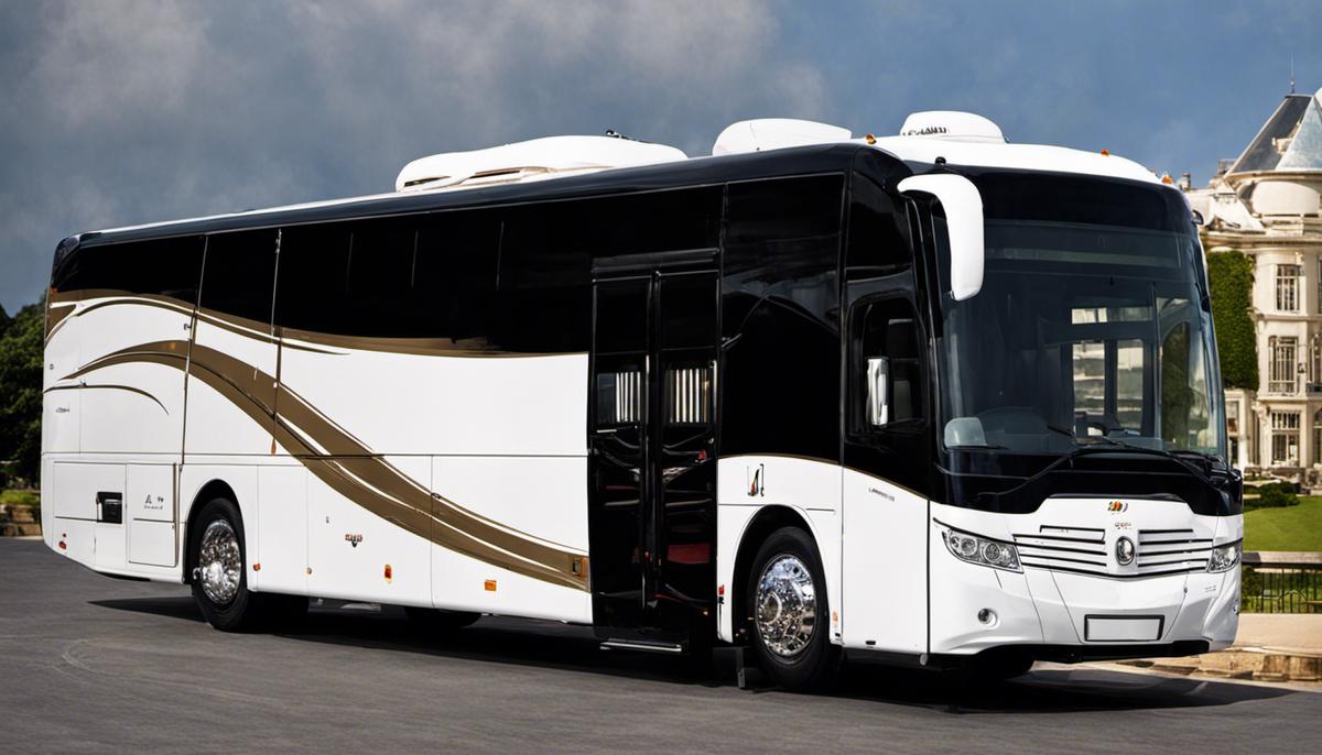 A luxurious bus with spacious interiors and comfortable seating, conveying opulence and sophistication.