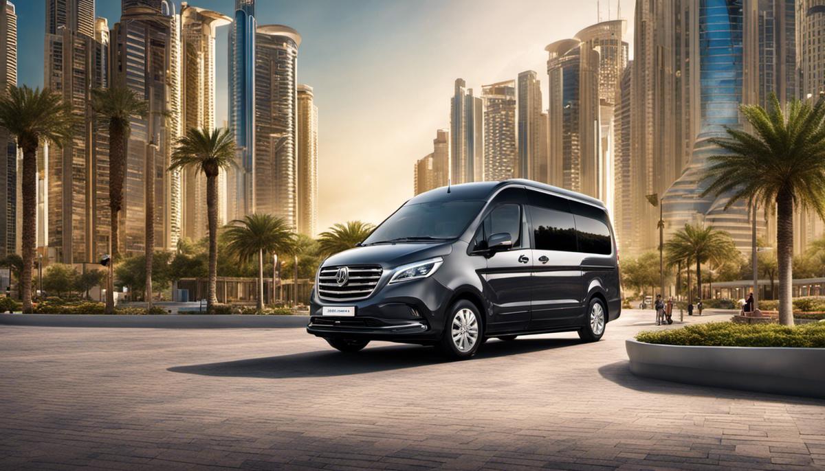 Image depicting the transformation of Dubai's minibus rental market showcasing digital platforms, eco-friendly vehicles, and integration with public transportation network.